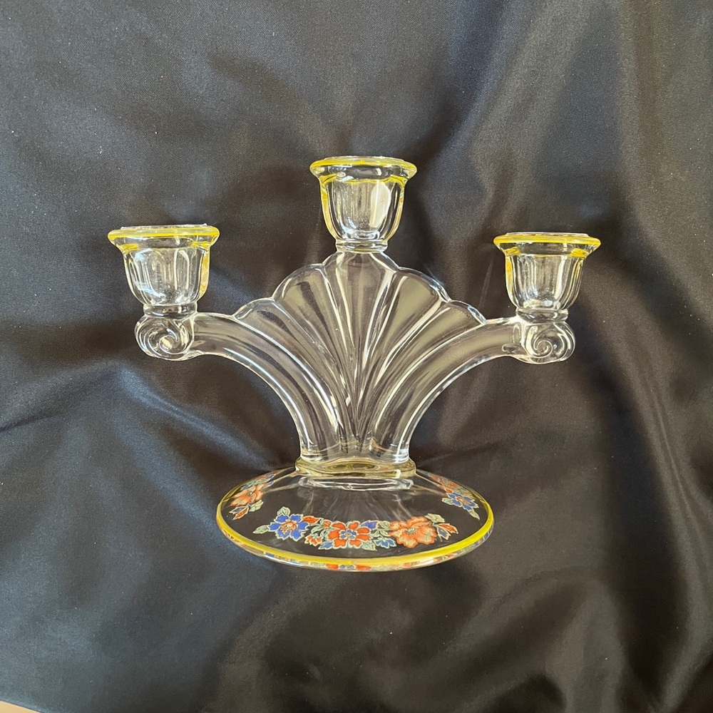 Vtg Art Deco Clear Glass Candle Holder Triple Candelabra w/Floral Embellishments